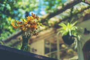 Closeup of flower bouquet in a vase on a sunny summer day in cafe.