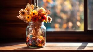 colorful brown glass jar illustration dried wooden, table natural, aesthetic sunlight colorful brown glass jar